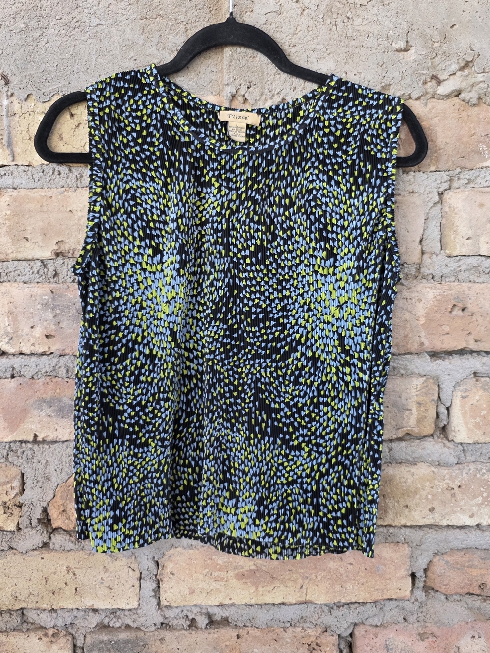Plisse Vintage Pleated Geometric Confetti Tank Top Blouse Large Blue Lime
